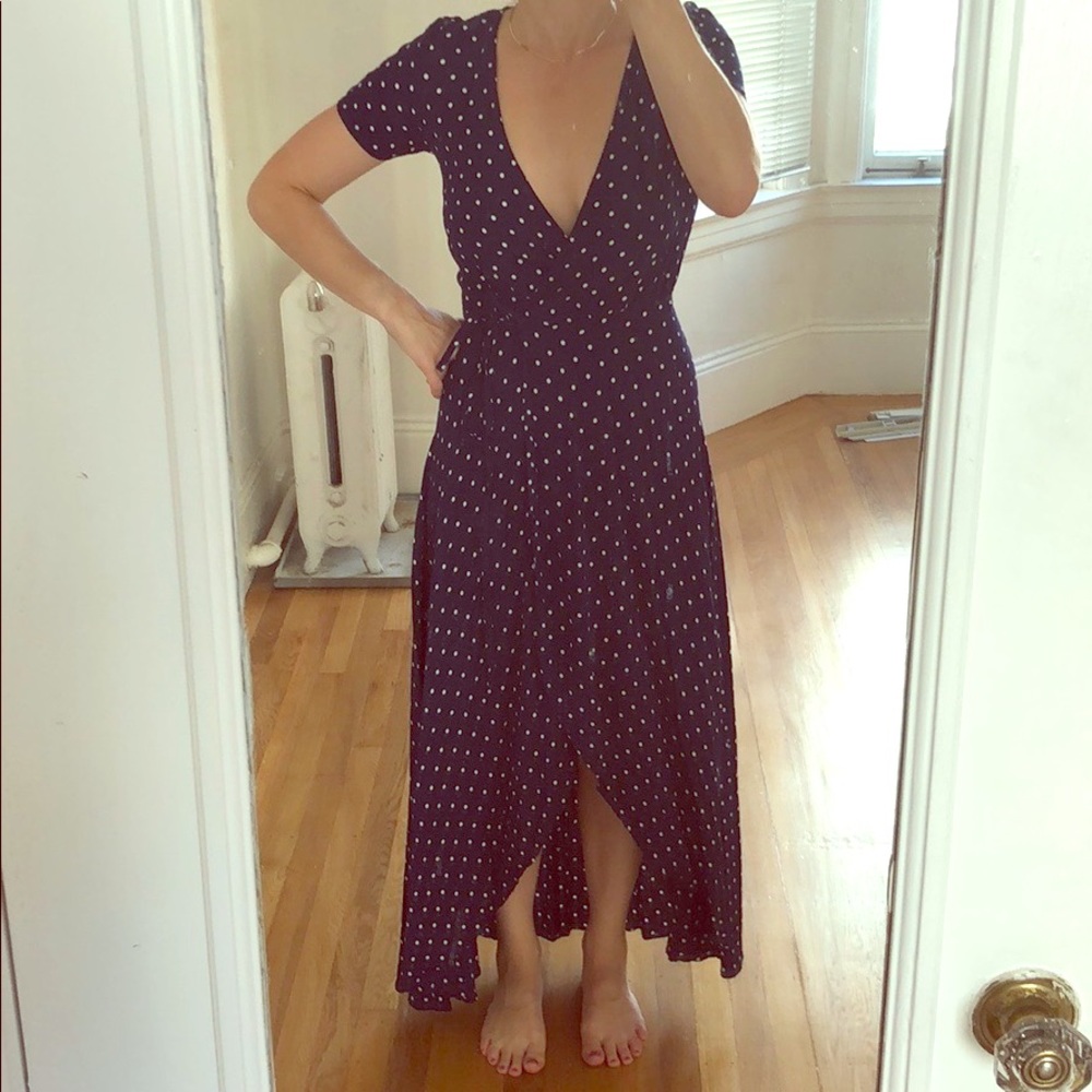 Navy with white polka dots wrap dress